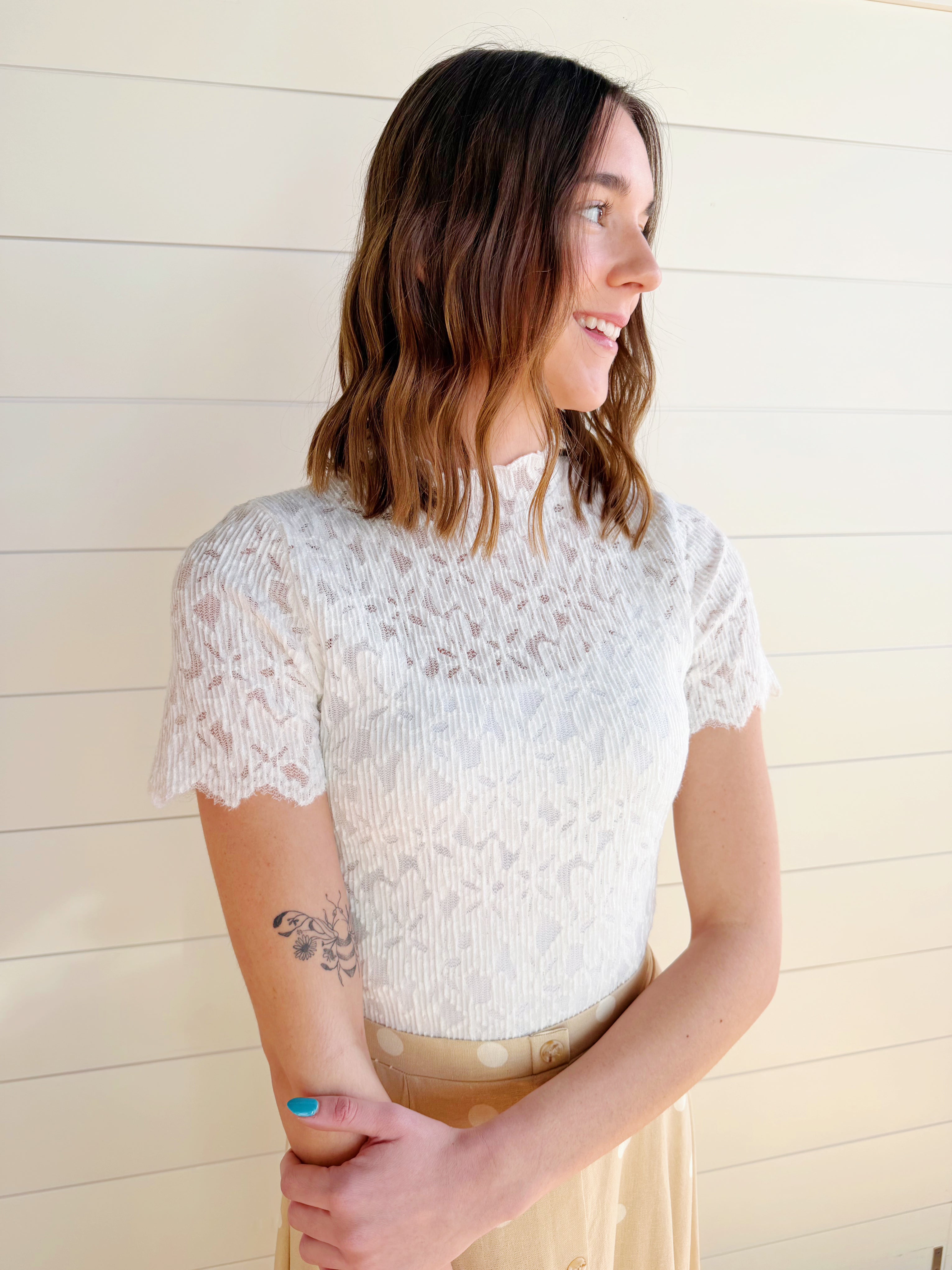 So Me Tops - Blouses Floral Lace Short Sleeve Layering Top In White