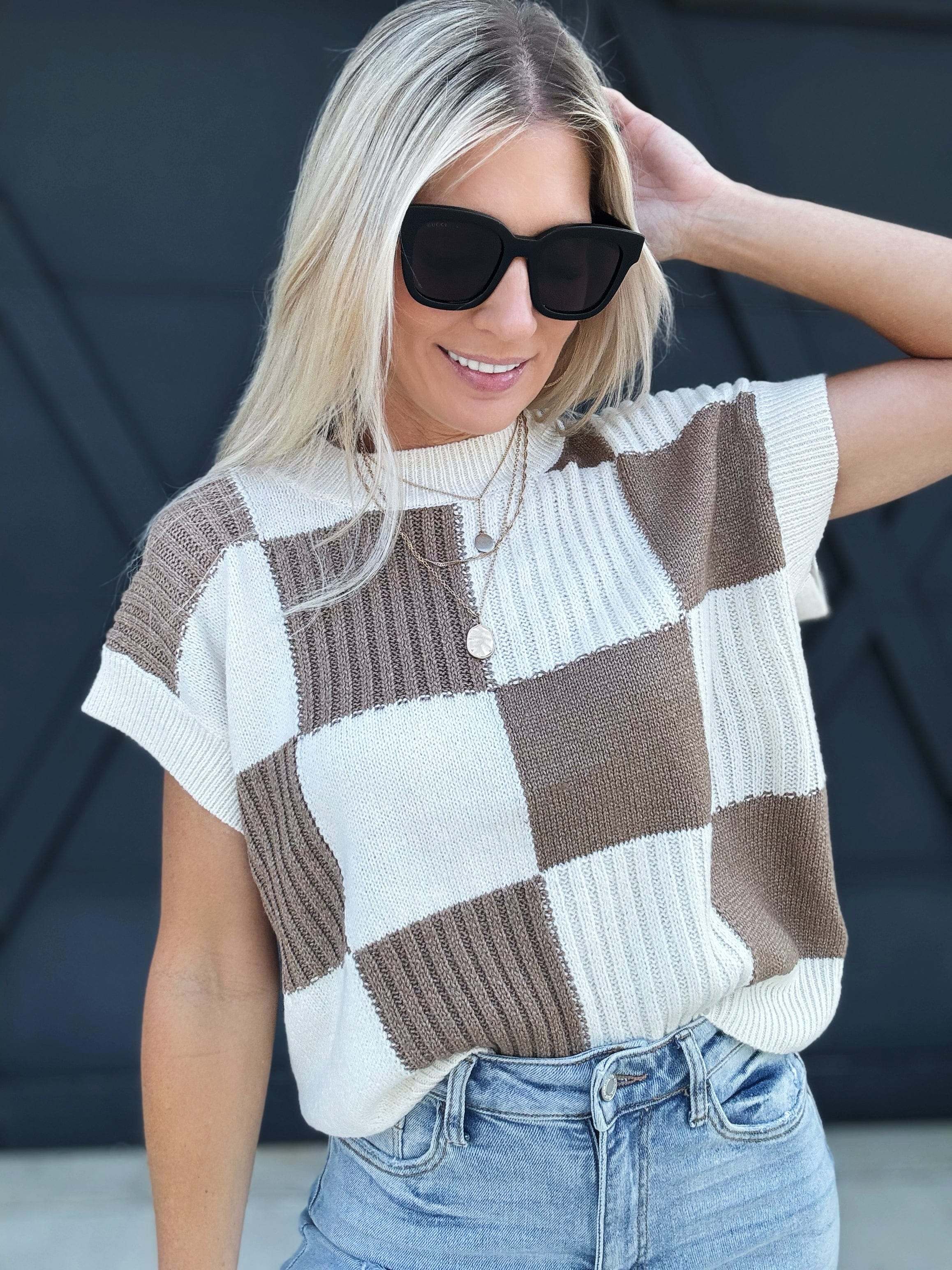 Check Plaid Casual Sweater Top In Coffee - Infinity Raine
