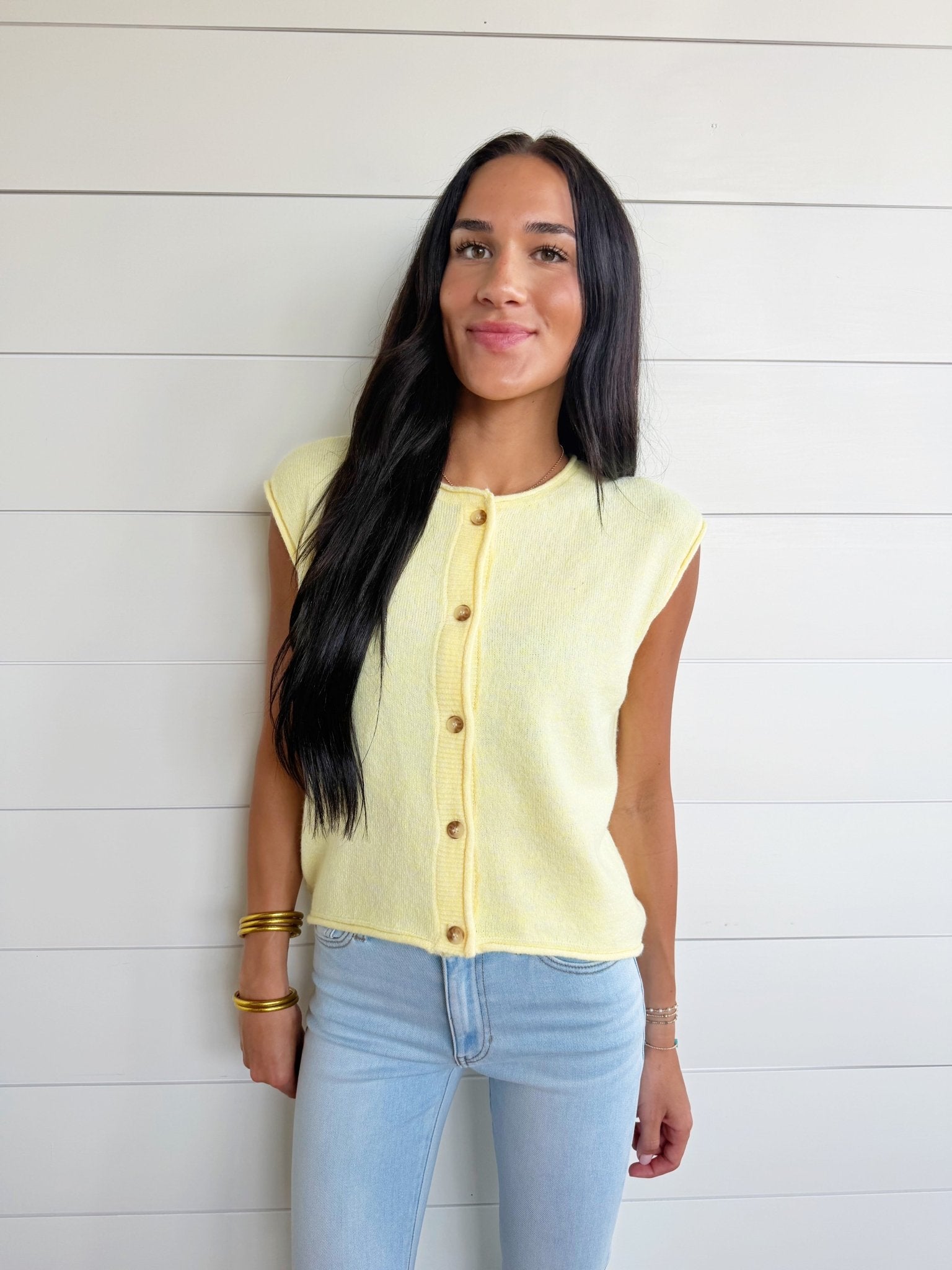 Soft Button Down Sleeveless Cardigan – Butter Yellow - Infinity Raine