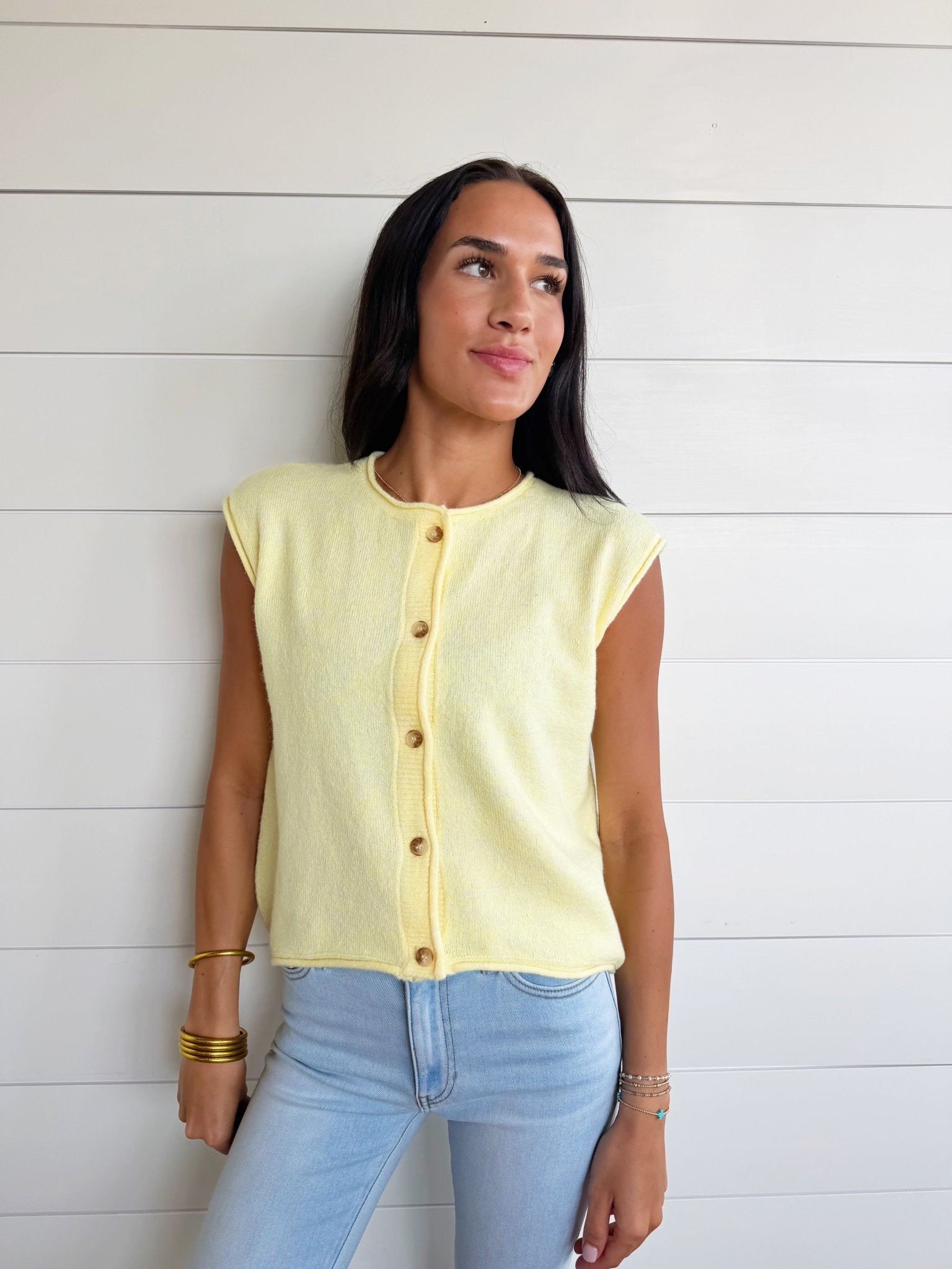 Soft Button Down Sleeveless Cardigan – Butter Yellow - Infinity Raine