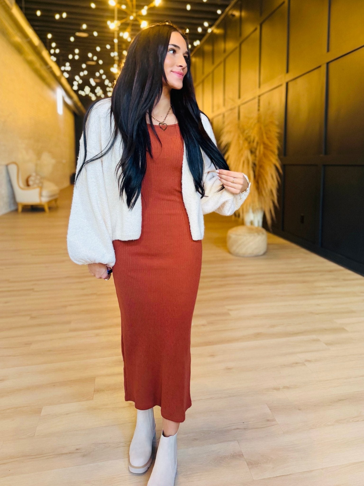 Soft Cedar Rib Knit Midi Dress In Rust - Infinity Raine