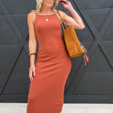 Soft Cedar Rib Knit Midi Dress In Rust - Infinity Raine