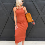 Soft Cedar Rib Knit Midi Dress In Rust - Infinity Raine