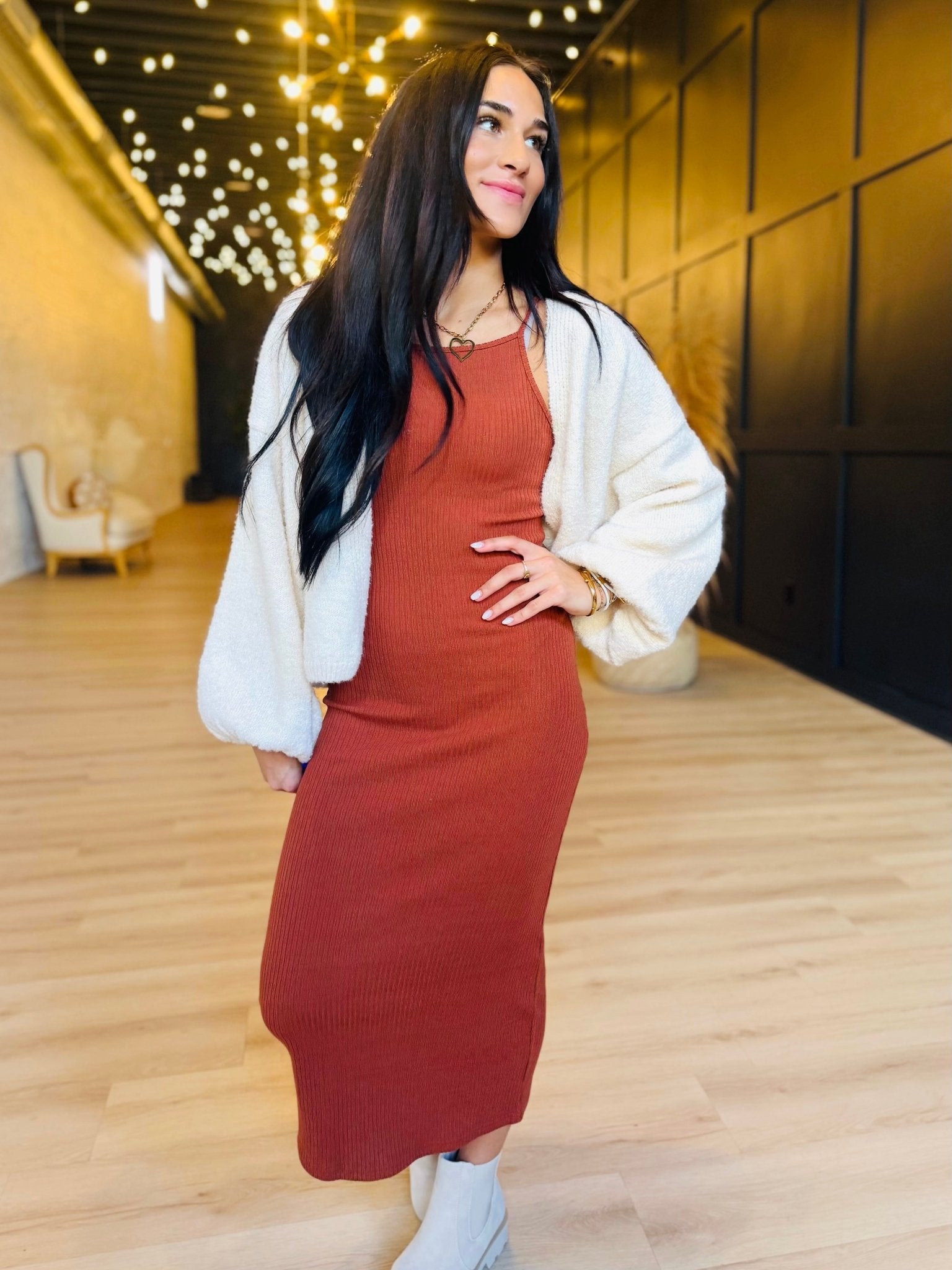 Soft Cedar Rib Knit Midi Dress In Rust - Infinity Raine