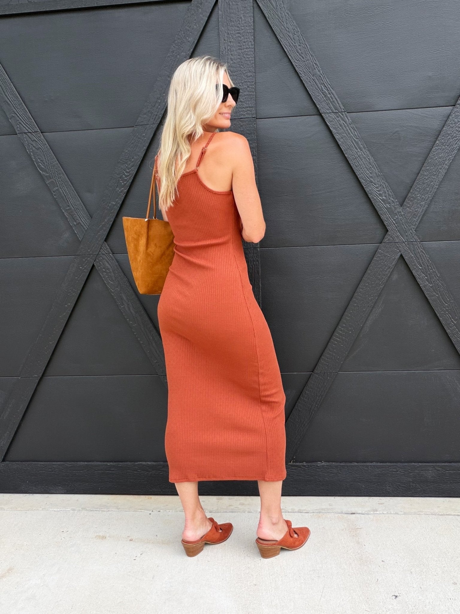 Soft Cedar Rib Knit Midi Dress In Rust - Infinity Raine