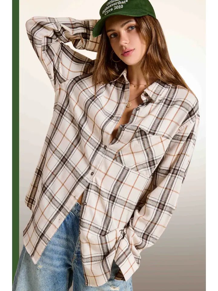 Soft Fabric Plaid Loose Fit Button Down Shirt In Bone - Infinity Raine