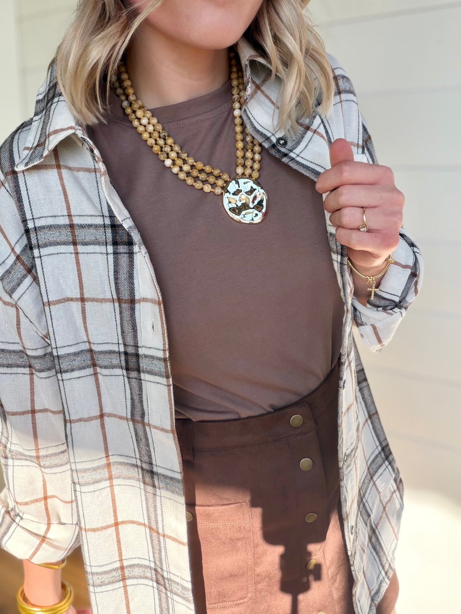Soft Fabric Plaid Loose Fit Button Down Shirt In Bone - Infinity Raine