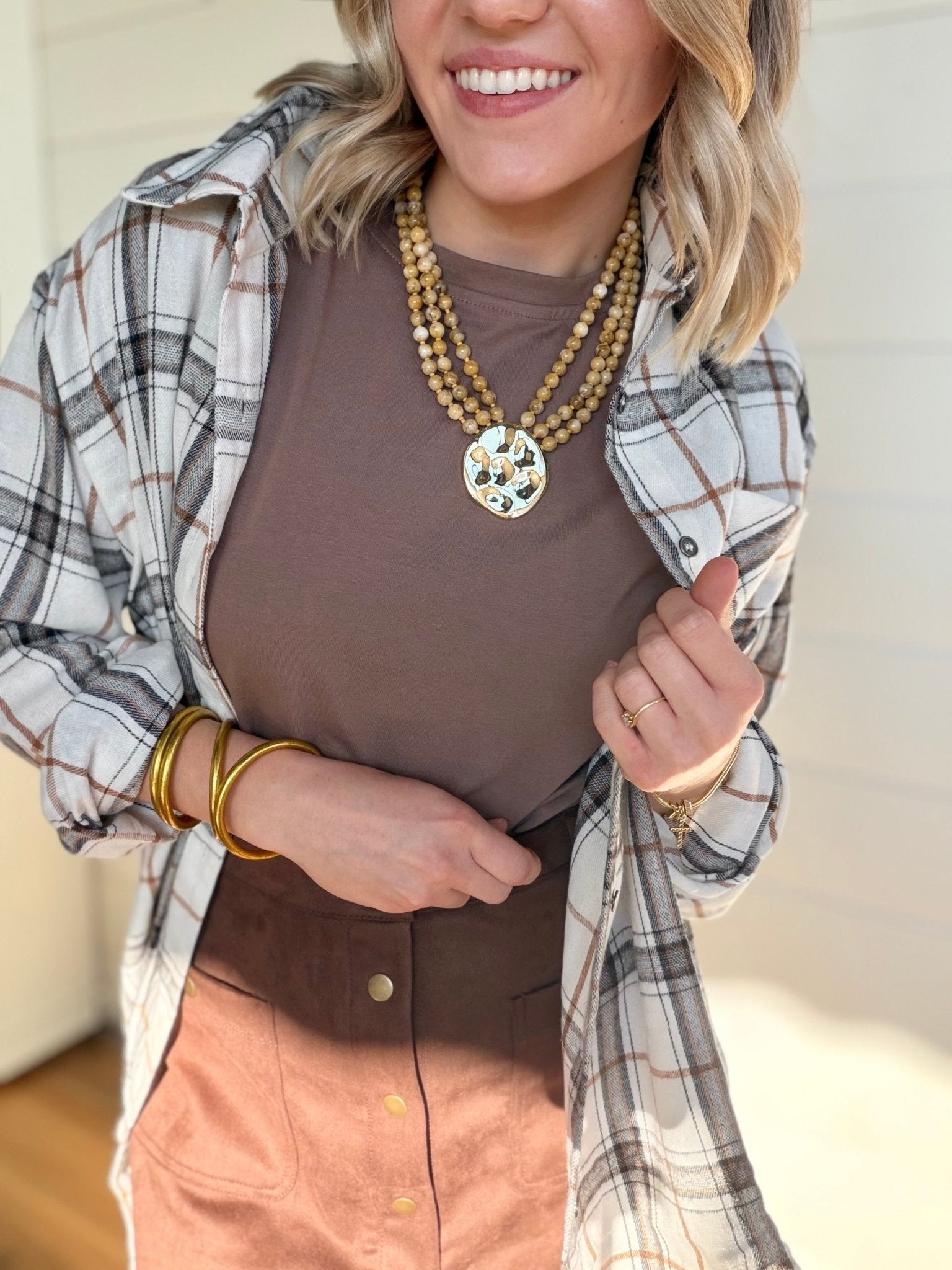 Soft Fabric Plaid Loose Fit Button Down Shirt In Bone - Infinity Raine