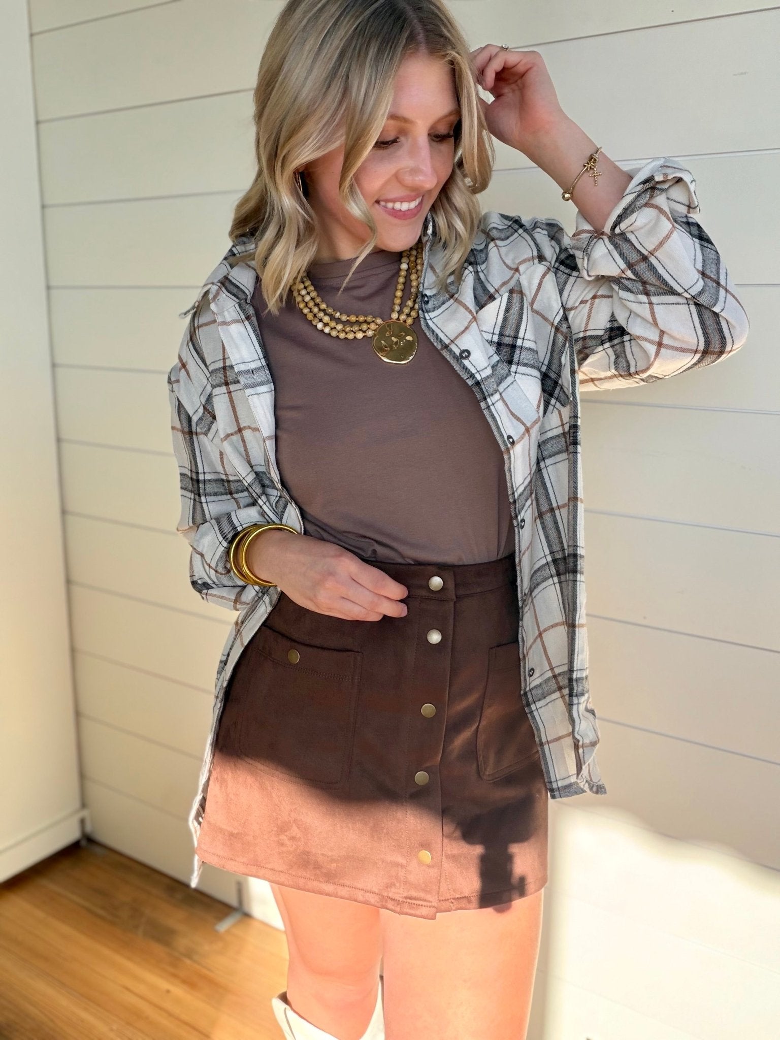 Soft Fabric Plaid Loose Fit Button Down Shirt In Bone - Infinity Raine