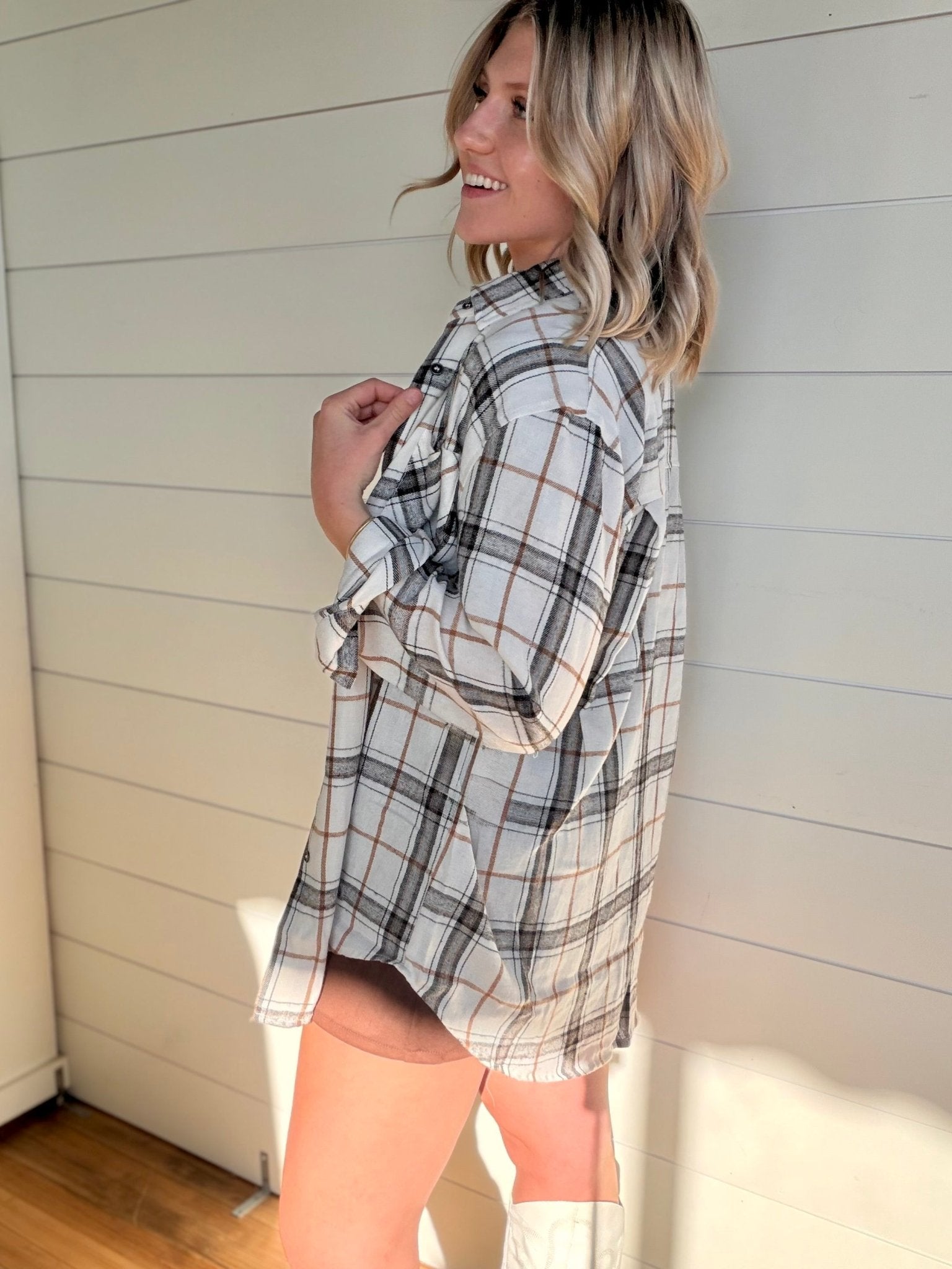 Soft Fabric Plaid Loose Fit Button Down Shirt In Bone - Infinity Raine