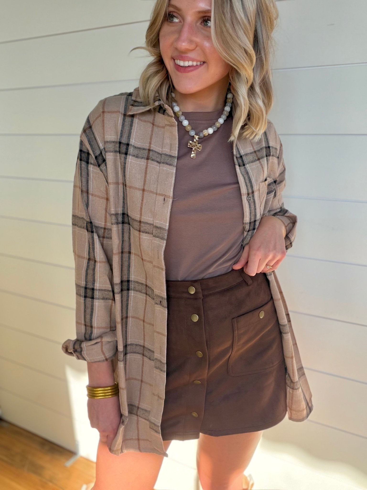 Soft Fabric Plaid Loose Fit Button Down Shirt In Tan - Infinity Raine