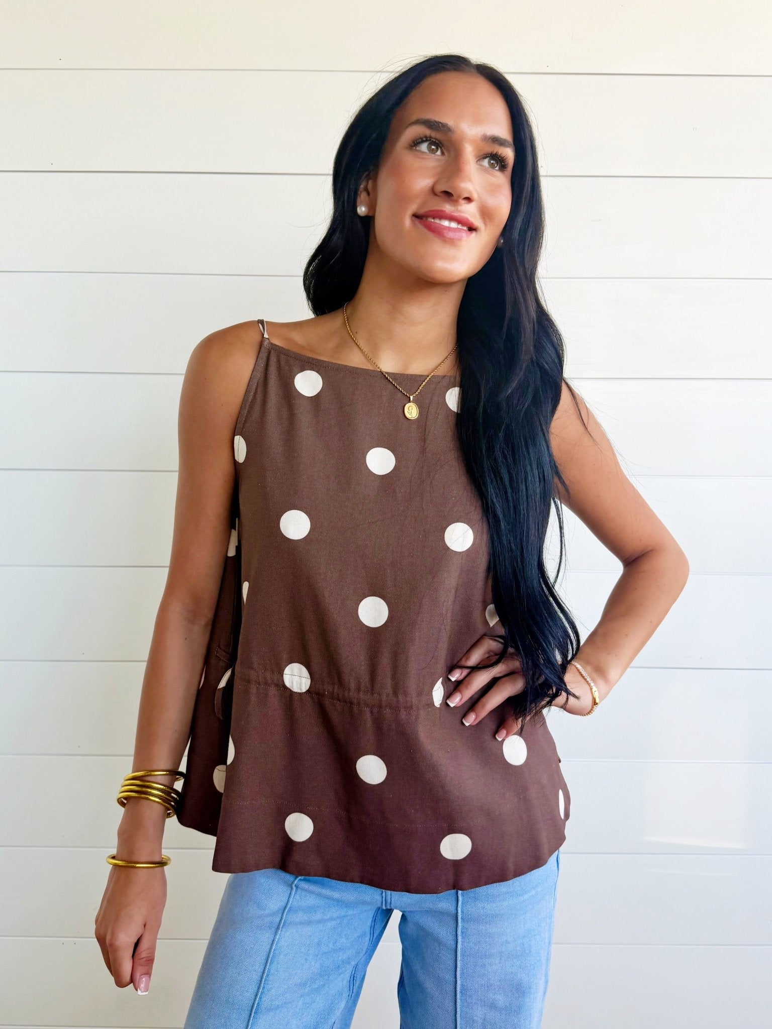 Soft Touch Polka Dot Babydoll Waist Top In Mocha - Infinity Raine