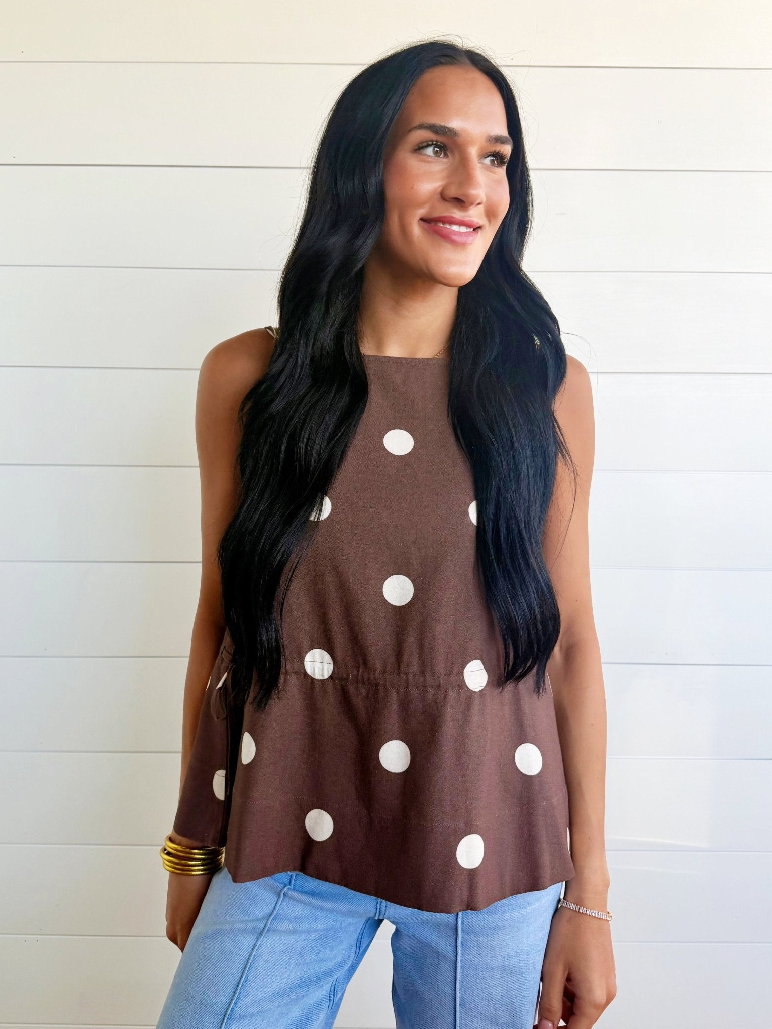 Soft Touch Polka Dot Babydoll Waist Top In Mocha - Infinity Raine
