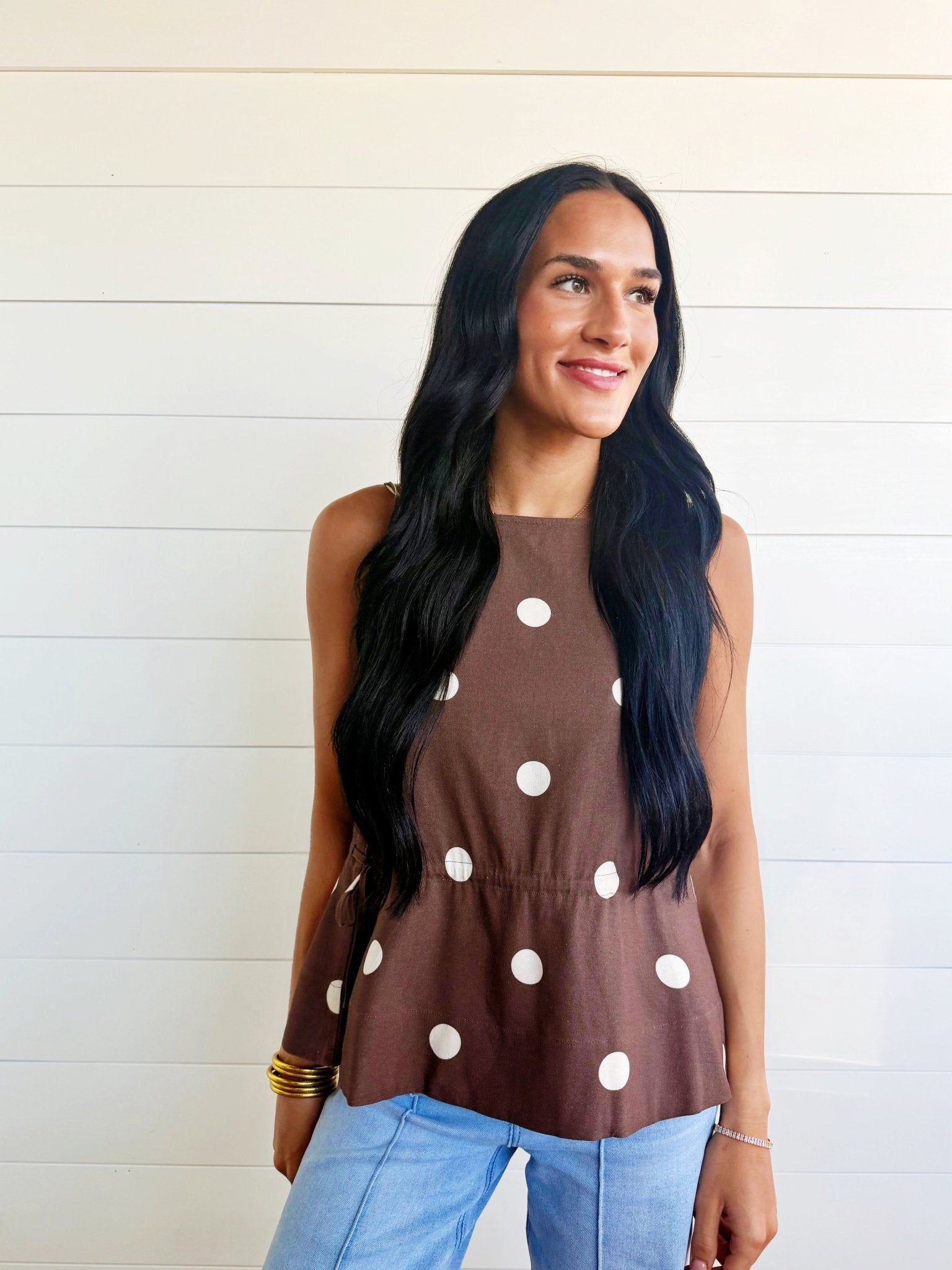 Soft Touch Polka Dot Babydoll Waist Top In Mocha - Infinity Raine