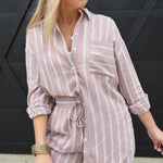 Soft Washed Striped Button Down Shirt In Almond Veil - Infinity Raine