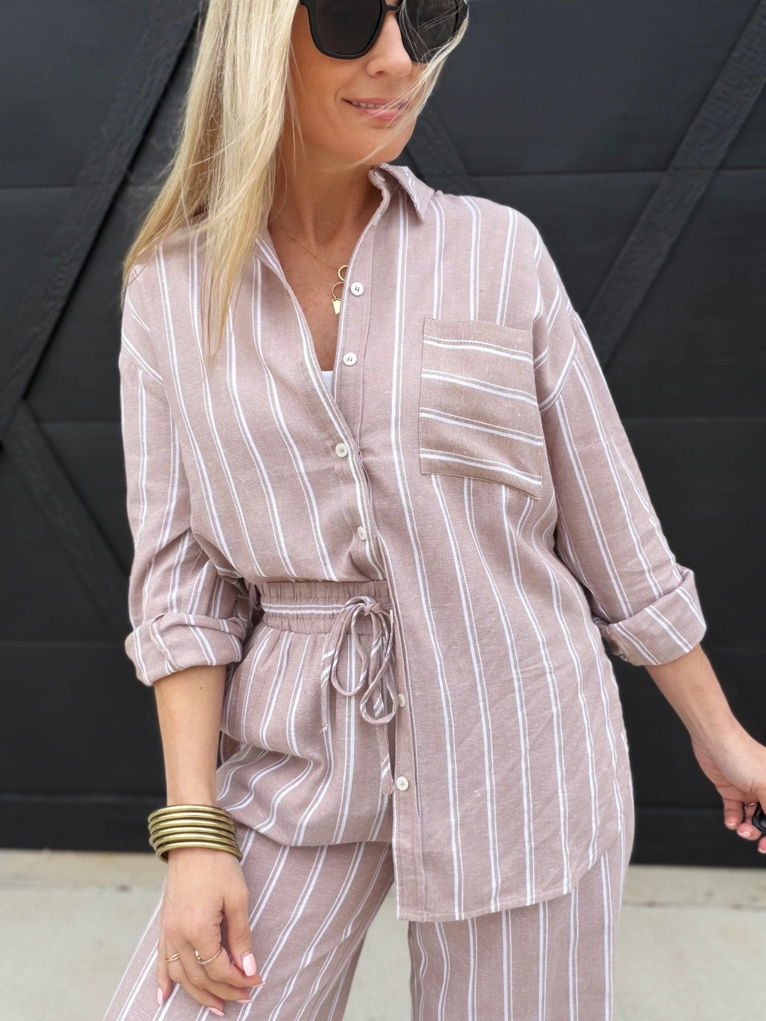 Soft Washed Striped Button Down Shirt In Almond Veil - Infinity Raine