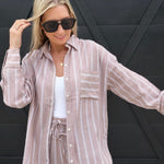 Soft Washed Striped Button Down Shirt In Almond Veil - Infinity Raine