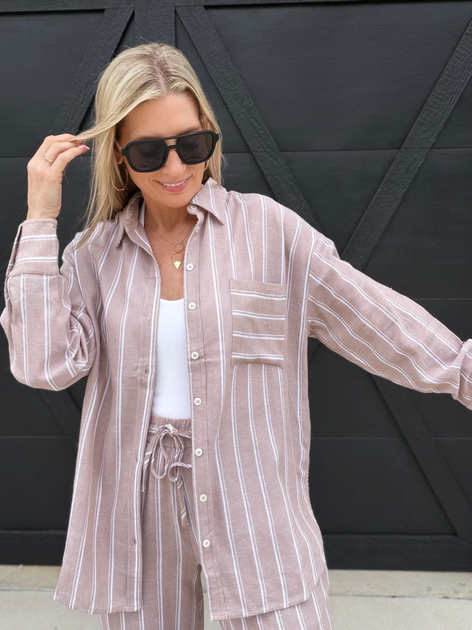 Soft Washed Striped Button Down Shirt In Almond Veil - Infinity Raine