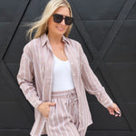 Soft Washed Striped Button Down Shirt In Almond Veil - Infinity Raine