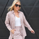 Soft Washed Striped Button Down Shirt In Almond Veil - Infinity Raine