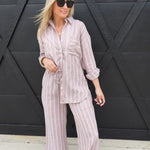 Soft Washed Striped Button Down Shirt In Almond Veil - Infinity Raine