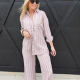 Soft Washed Striped Button Down Shirt In Almond Veil - Infinity Raine