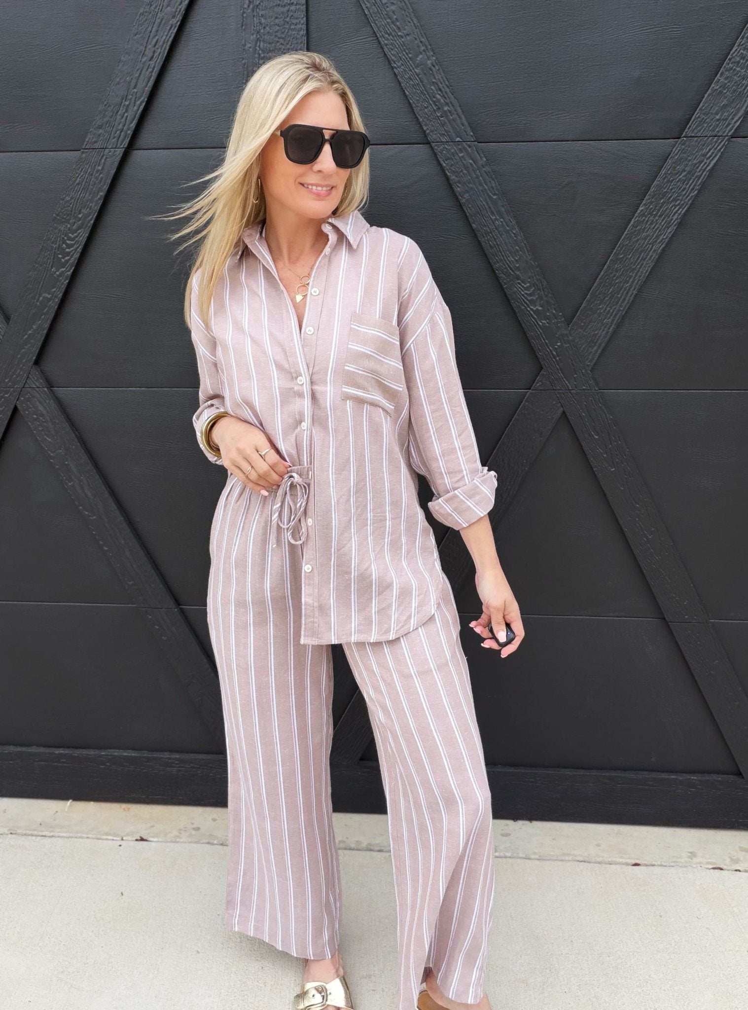 Soft Washed Striped Button Down Shirt In Almond Veil - Infinity Raine