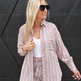 Soft Washed Striped Button Down Shirt In Almond Veil - Infinity Raine