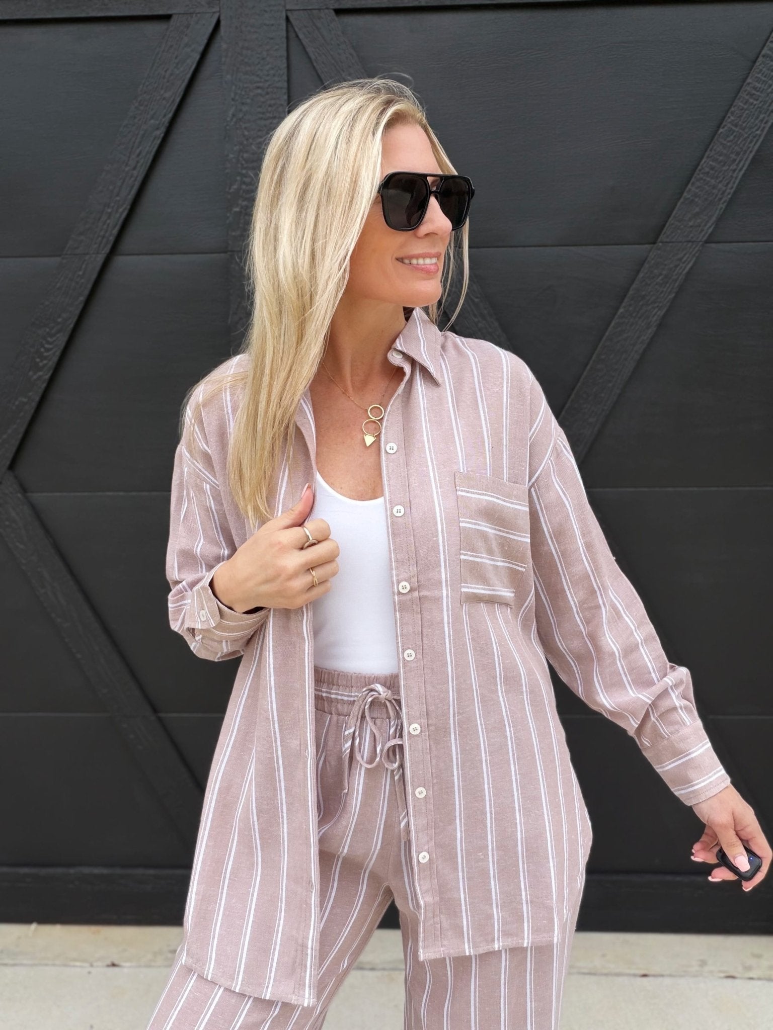 Soft Washed Striped Button Down Shirt In Almond Veil - Infinity Raine