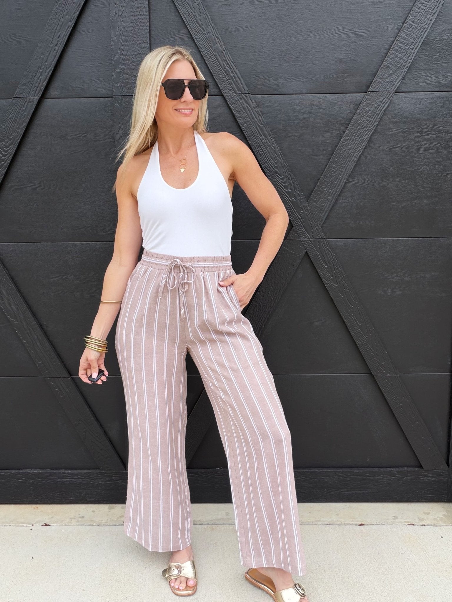 Soft Washed Striped Pants In Almond Veil - Infinity Raine