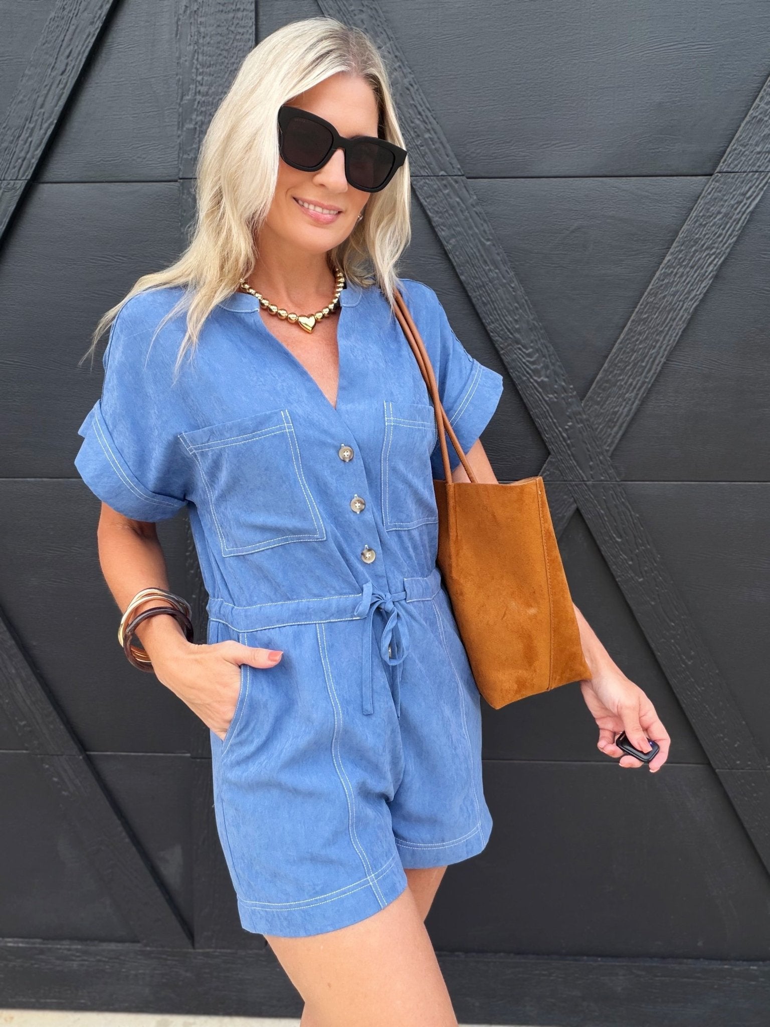 Softly Yours S/Slv Romper In Dusty Blue - Infinity Raine