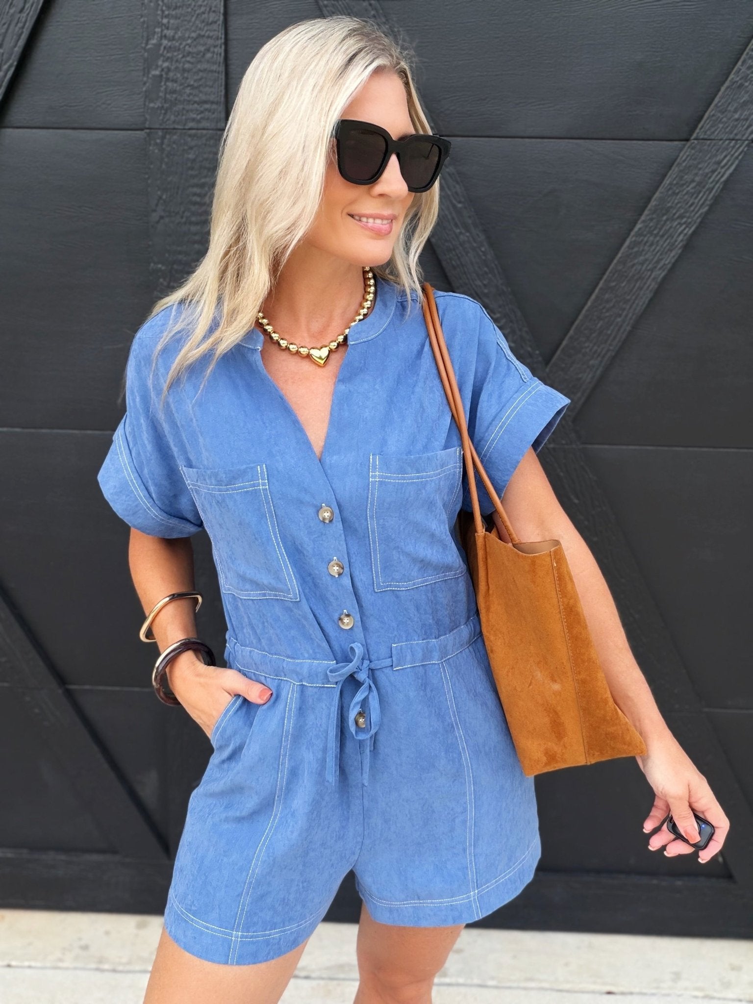 Softly Yours S/Slv Romper In Dusty Blue - Infinity Raine