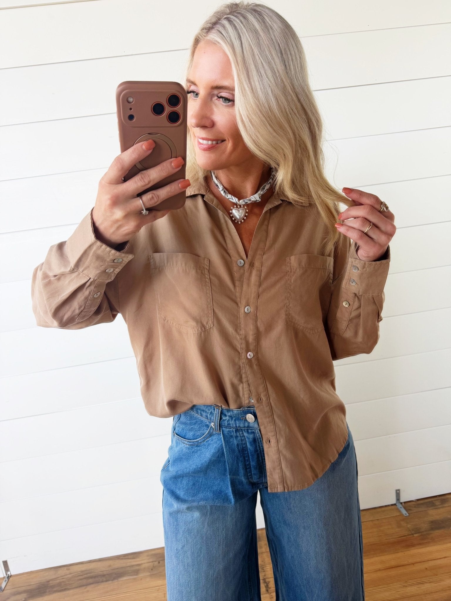 Solid Button Down Shirt In Coco - Infinity Raine
