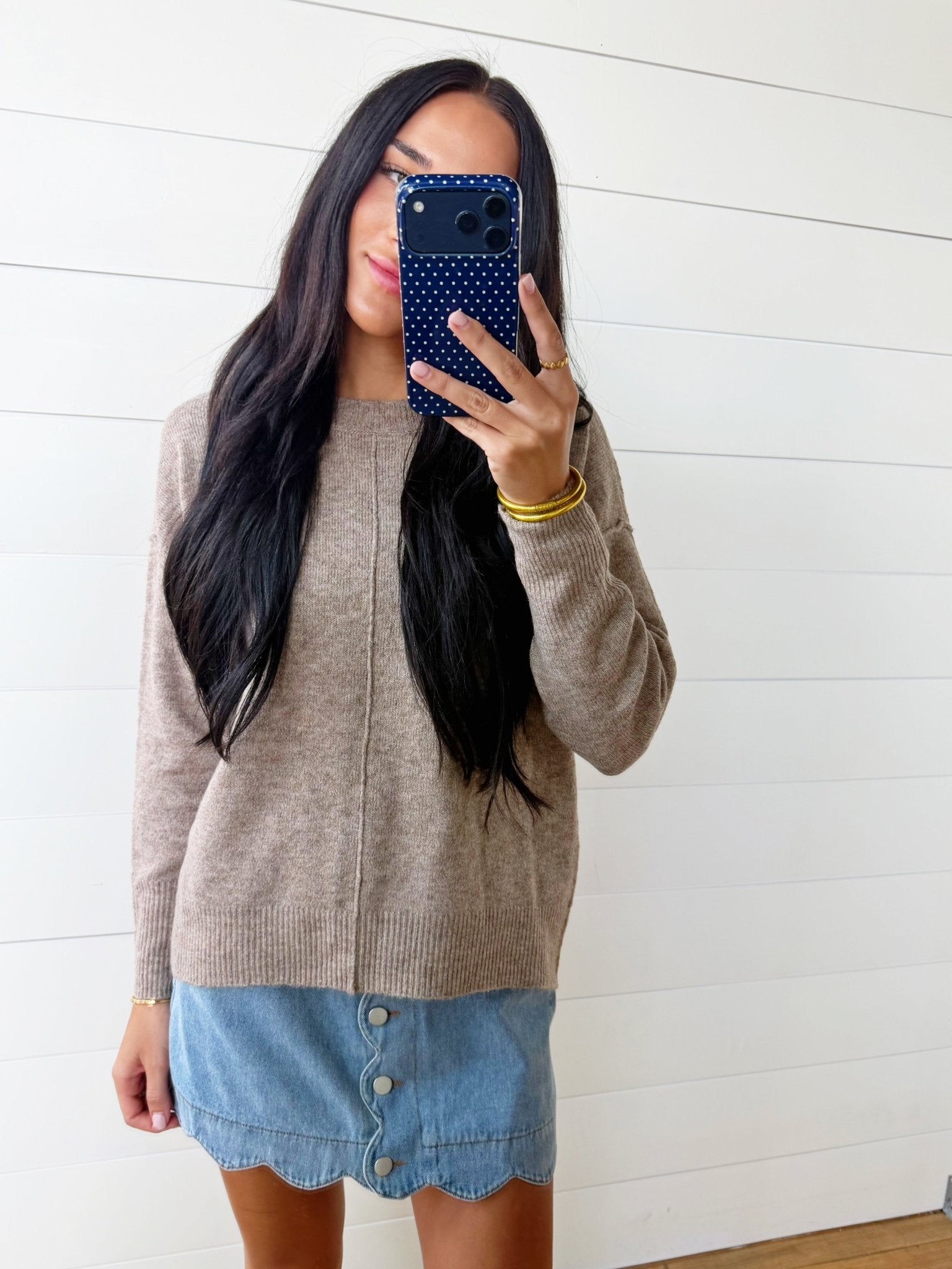Solid Crewneck Front Seam Knit Sweater In Cocoa - Infinity Raine
