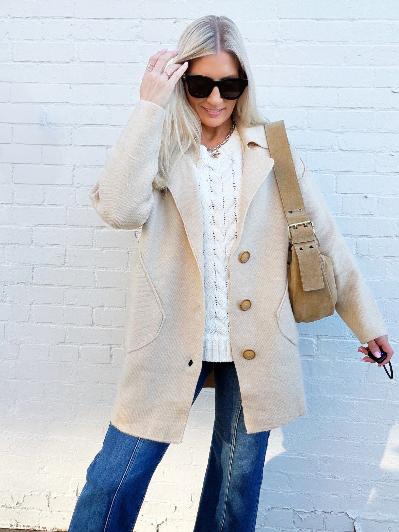 Solid Long Sleeve Sweater Coat In Oatmeal - Infinity Raine