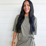 Solid Oversize Tee Tie Wrap Mini Skort 2pcs Set In Green - Infinity Raine