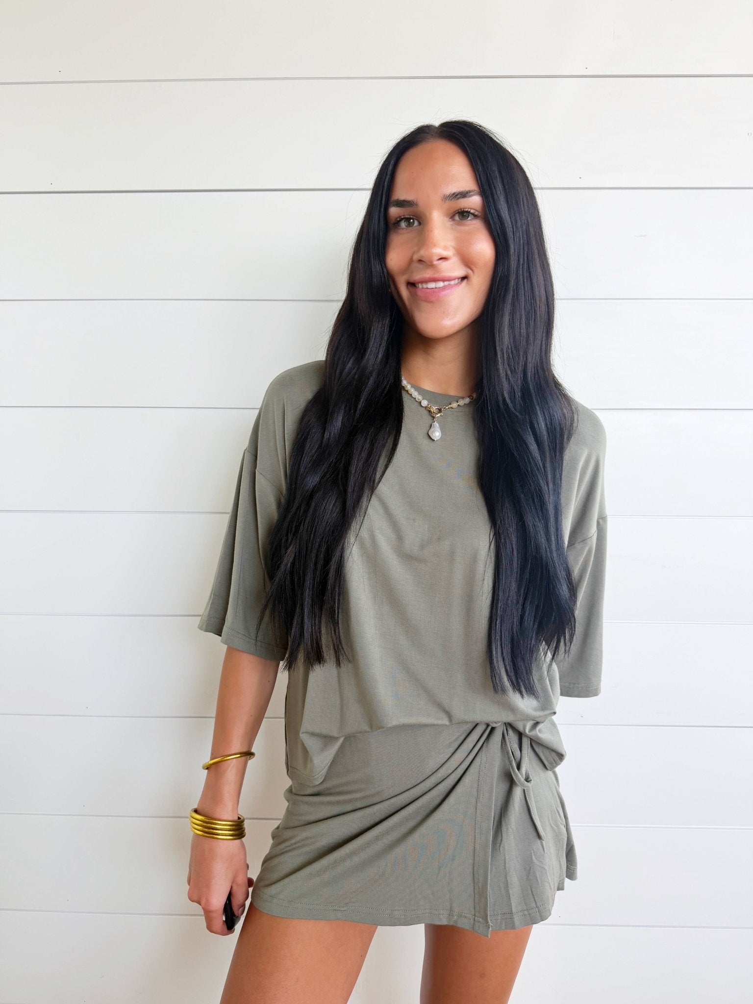 Solid Oversize Tee Tie Wrap Mini Skort 2pcs Set In Green - Infinity Raine
