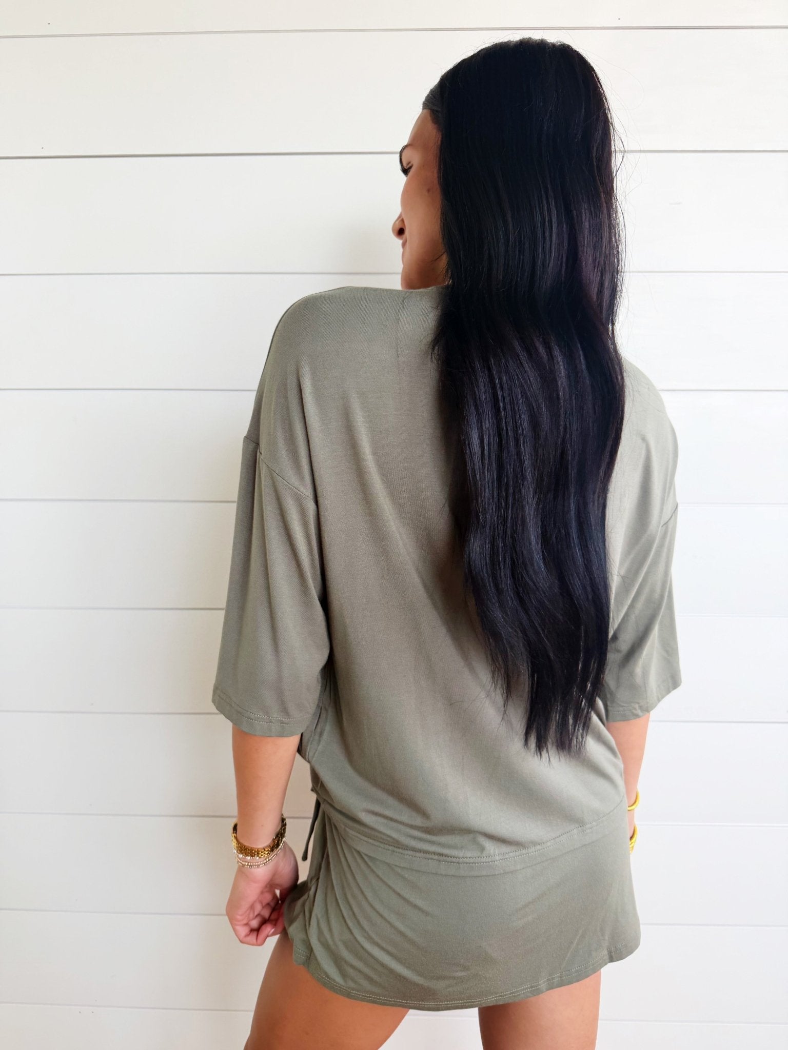 Solid Oversize Tee Tie Wrap Mini Skort 2pcs Set In Green - Infinity Raine