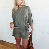 Solid Oversize Tee Tie Wrap Mini Skort 2pcs Set In Green - Infinity Raine