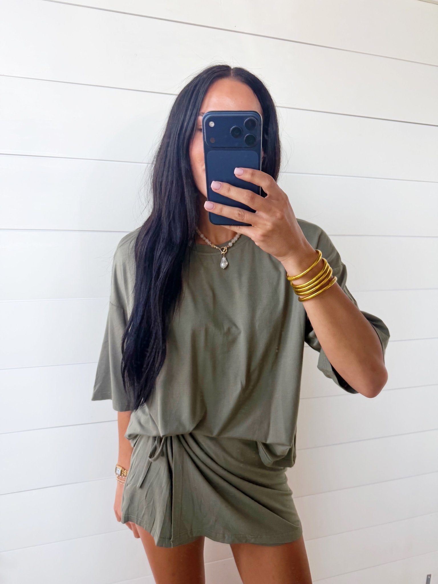 Solid Oversize Tee Tie Wrap Mini Skort 2pcs Set In Green - Infinity Raine