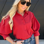 Solid puff Sleeve Button Down Shirt In Red - Infinity Raine