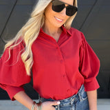 Solid puff Sleeve Button Down Shirt In Red - Infinity Raine