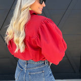 Solid puff Sleeve Button Down Shirt In Red - Infinity Raine