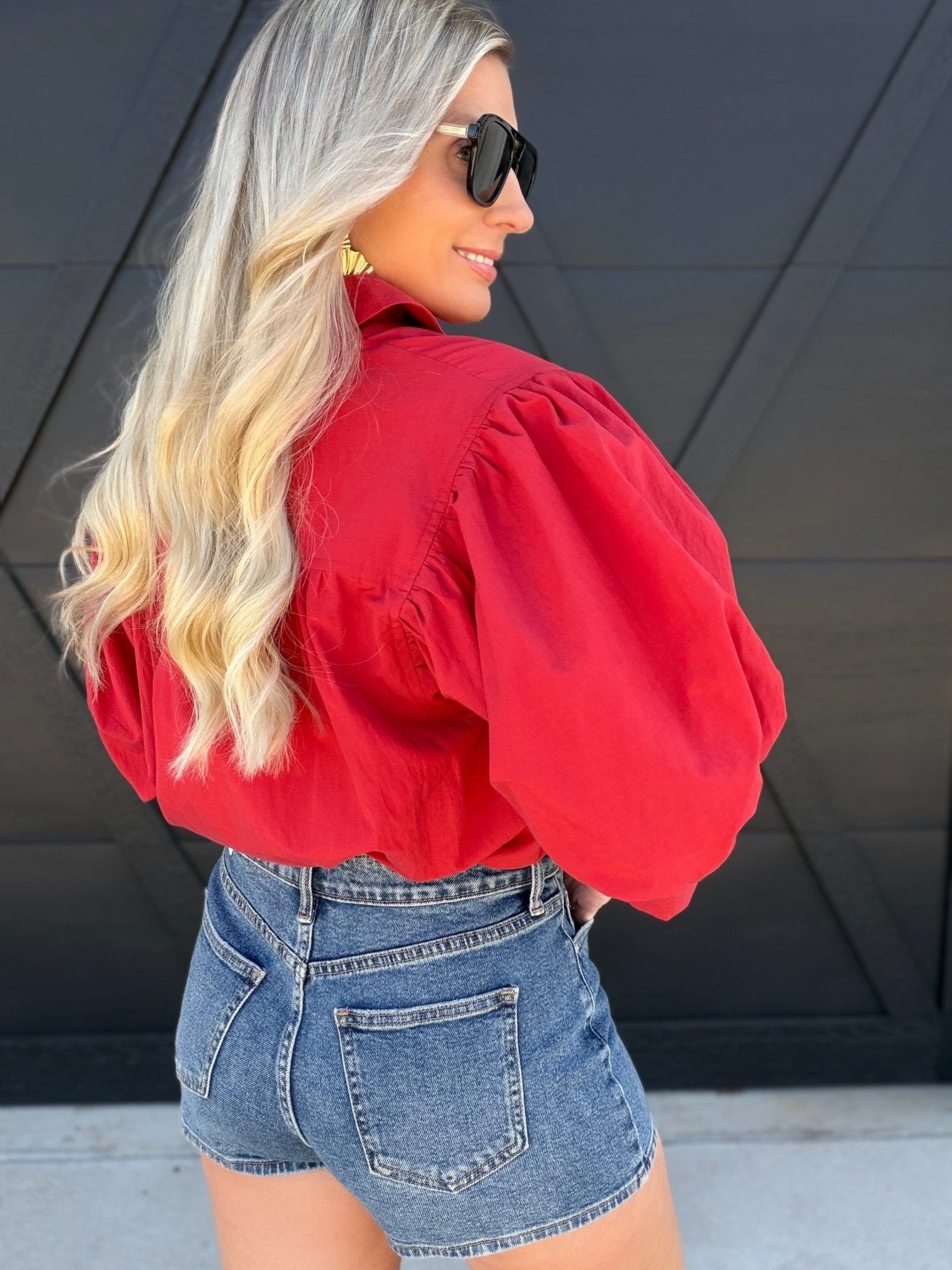 Solid puff Sleeve Button Down Shirt In Red - Infinity Raine