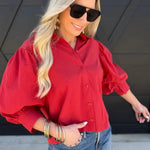 Solid puff Sleeve Button Down Shirt In Red - Infinity Raine