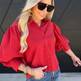 Solid puff Sleeve Button Down Shirt In Red - Infinity Raine
