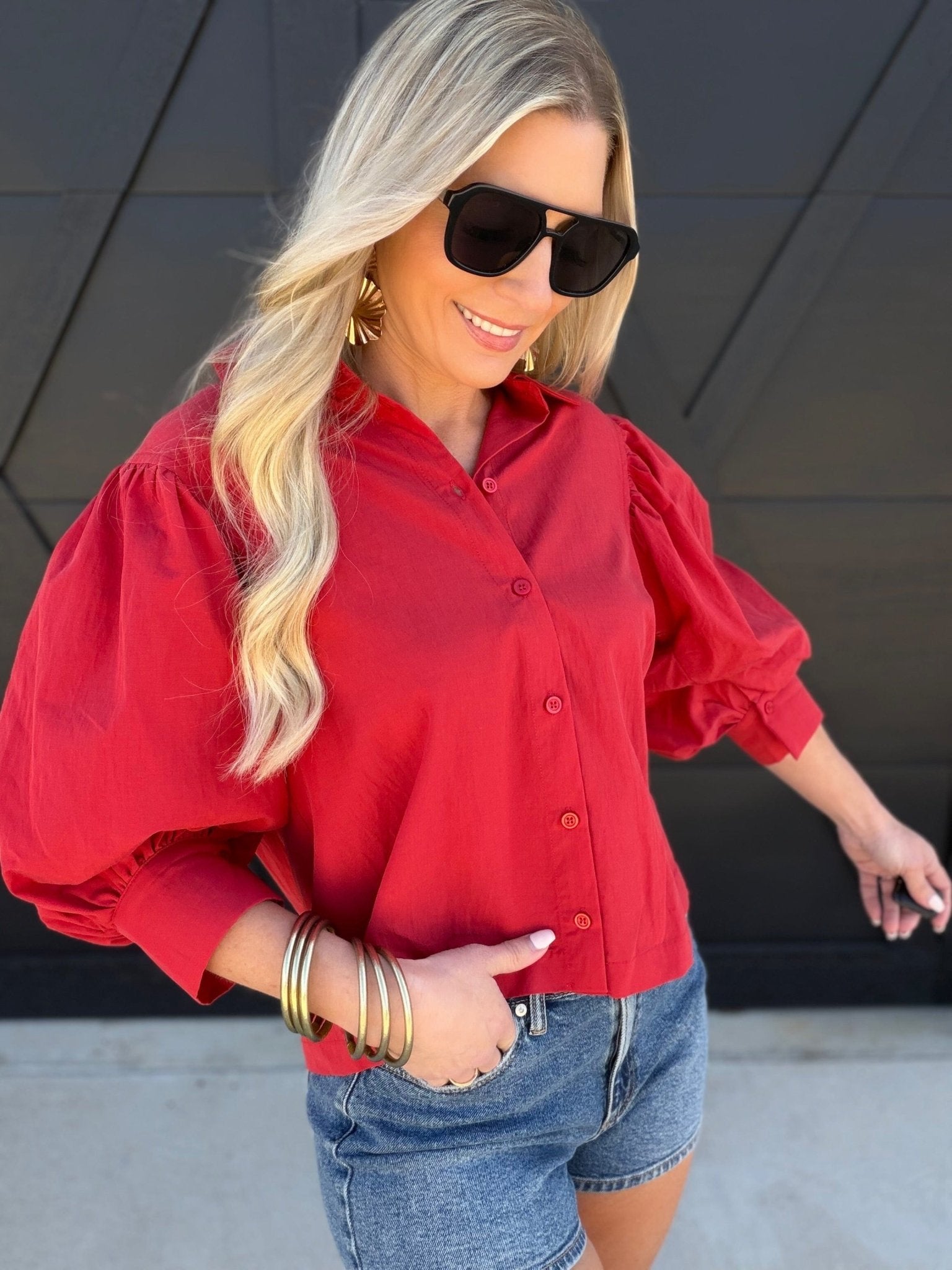 Solid puff Sleeve Button Down Shirt In Red - Infinity Raine