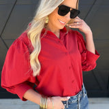 Solid puff Sleeve Button Down Shirt In Red - Infinity Raine
