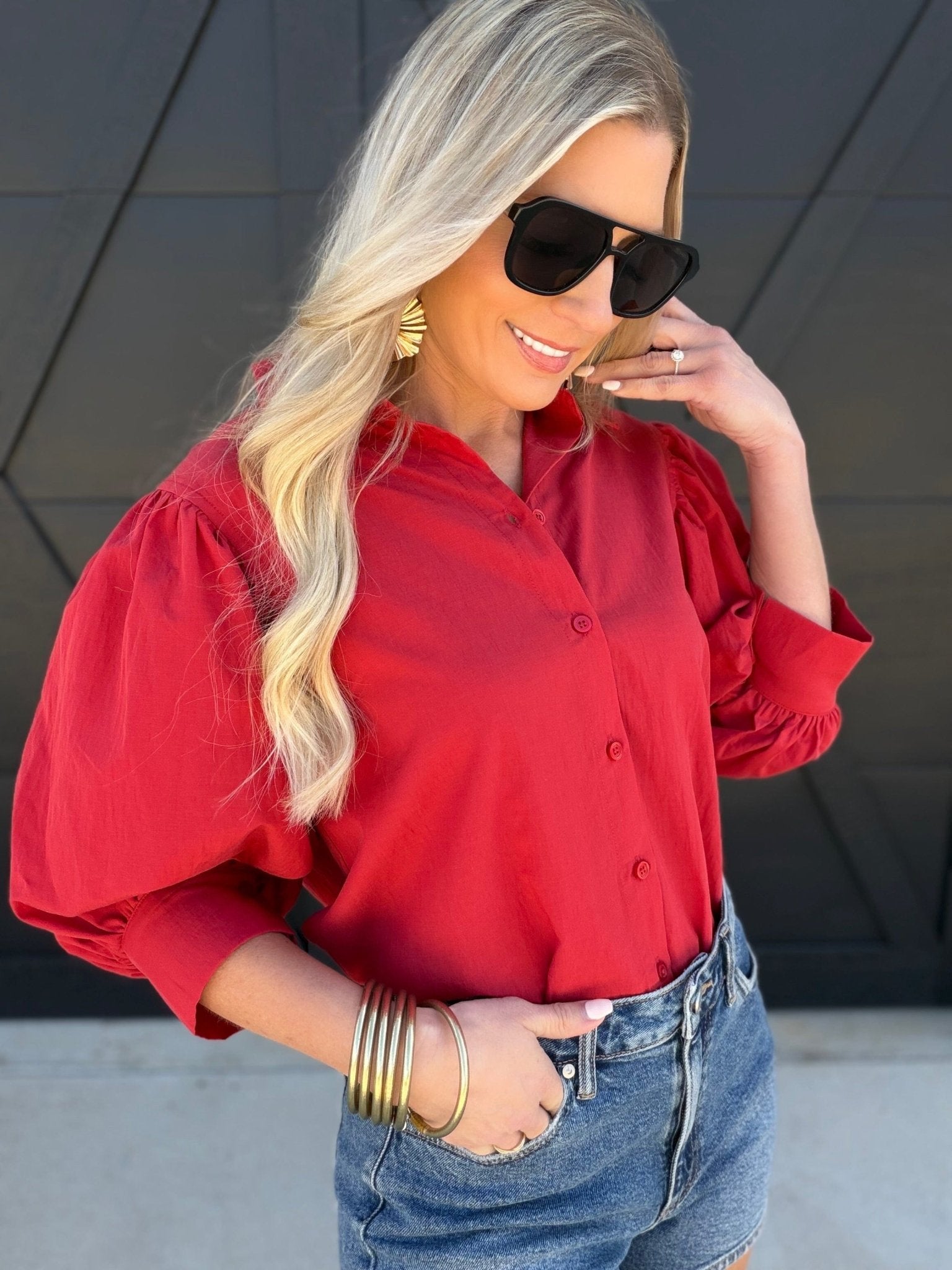 Solid puff Sleeve Button Down Shirt In Red - Infinity Raine