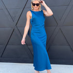Solid Satin Cowl Back Sleeveless Bow Midi Dress In Cobalt - Infinity Raine